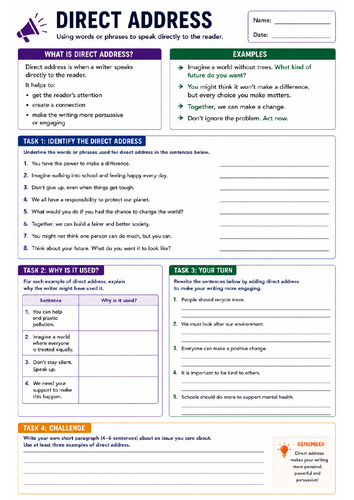 Direct Address Worksheet: Engaging the Reader in Persuasive Writing
