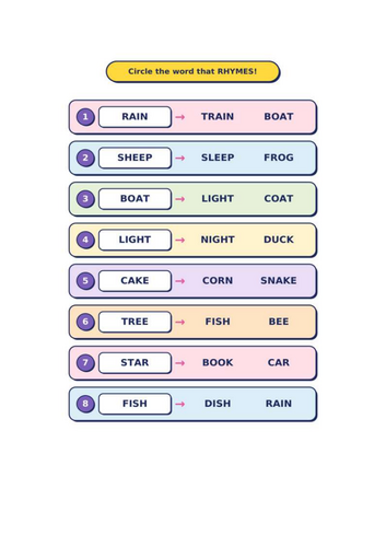 Rhyming - Year 1 Words - Worksheets and Answers