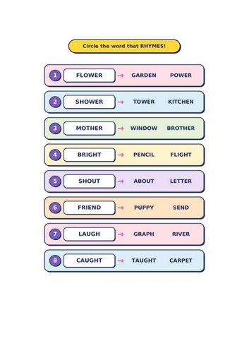 Rhyming - Year 2 Words - Worksheets and Answers