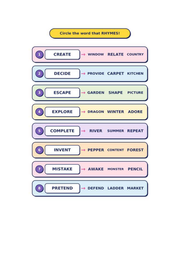 Rhyming - Year 3 Words - Worksheets and Answers