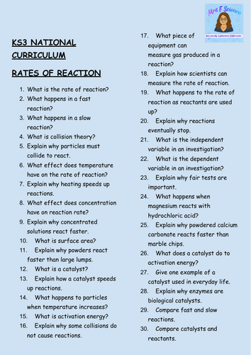 KS3 Chemistry: Rates of Reaction – 30 Question Retrieval Worksheet PDF ...