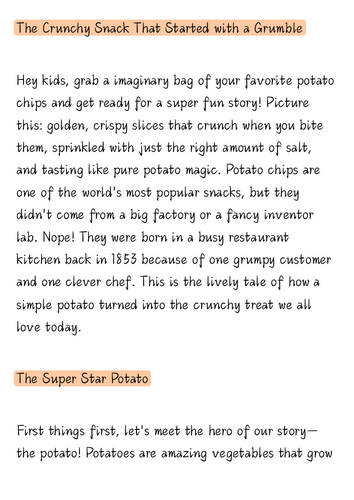 Invention of the Potato Chip Reading Passage for Kids | National Potato ...