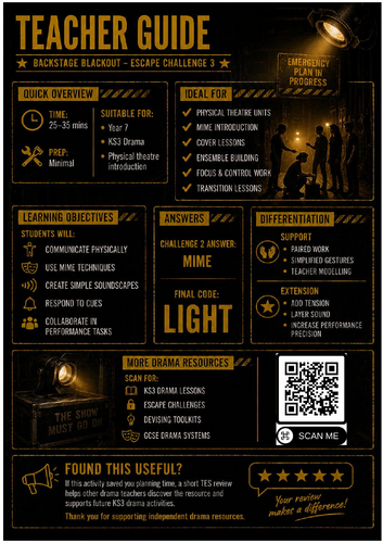 Backstage Blackout | Year 7 Drama Escape Challenge | KS3 Physical Theatre & Mime Activity