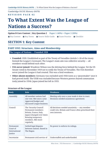 Cambridge IGCSE History 0470 League of Nations Success Revision Pack ...