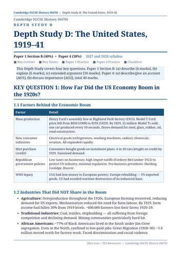 Cambridge IGCSE History 0470 The United States 1919 to 1941 Depth Study ...