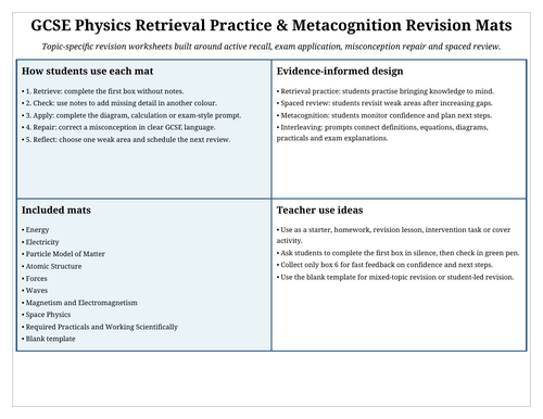 GCSE Physics Retrieval Practice Revision Mats | Metacognition & Exam ...