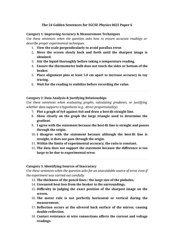 The 24 Golden Sentences for IGCSE Physics 0625 Paper 6 | Teaching Resources