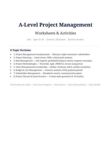 A-Level Project Management: Worksheets & Activities — Planning, Risk ...