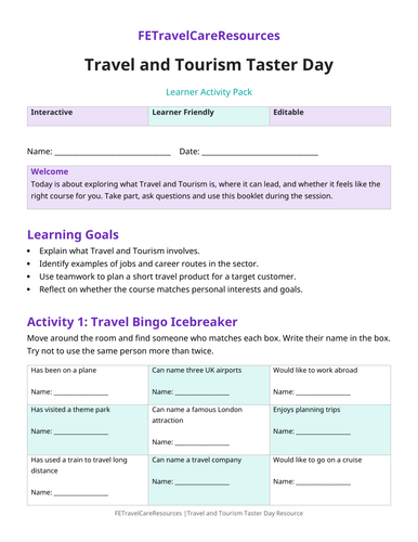 Taster Day Lesson Pack | Travel and Tourism | Teaching Resources