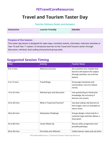 Taster Day Lesson Pack | Travel and Tourism | Teaching Resources