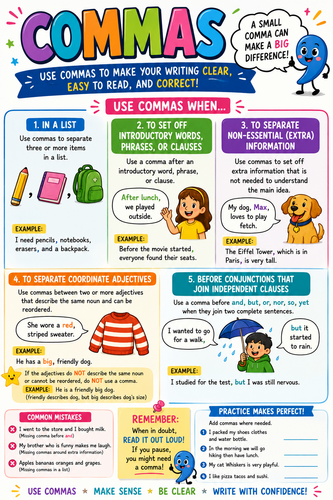 Commas Classroom Display Poster | Literacy & SPaG Visual Aid | Punctuation Resource