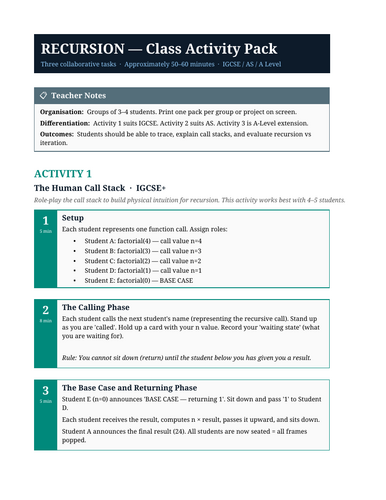 Factorial, Fibonacci, Recursion, | PPTs, Worksheets, Activities, MCQ ...