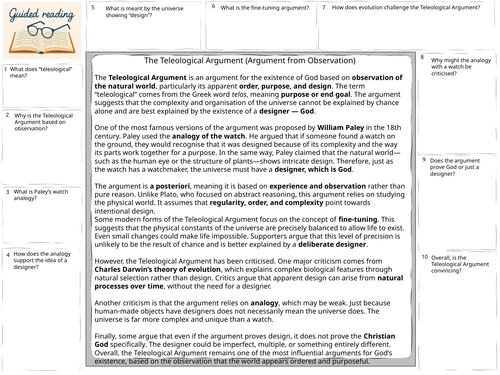 A-Level Existence of God Teleogical argument Guided reading