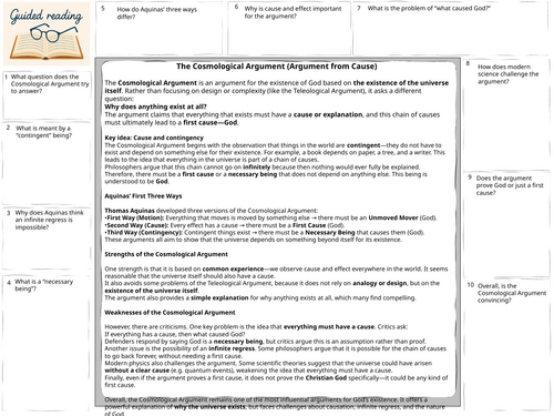 A-Level Religious Studies existence of God cosmological argument Guided Reading