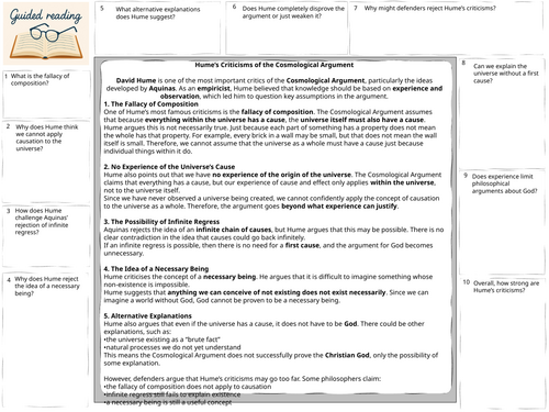A-Level Religious Studies existence of god Hume’s Criticisms of the Cosmological Arg Guided reading