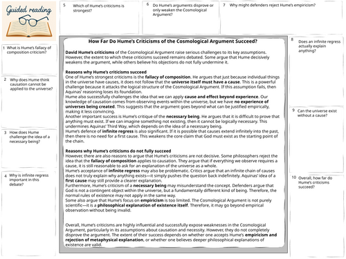 A-level RS How Far Do Hume’s Criticisms of the Cosmological Argument Succeed Guided reading
