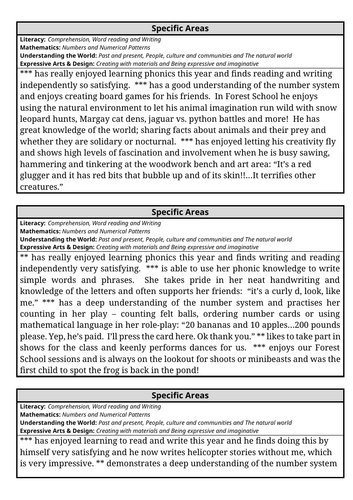 EYFS Report Writing Comment Bundle - Prime Areas, Specific Areas & COEL ...