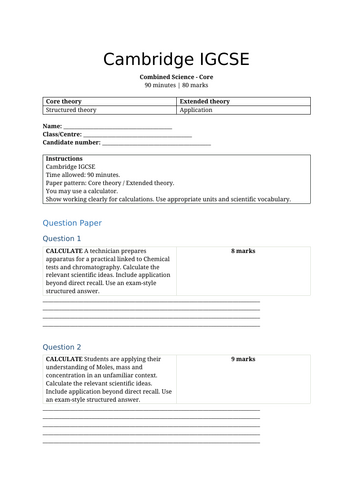 Cambridge IGCSE Combined Science 0654 Practice Paper & Mark Scheme ...