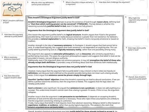 A-Level Religious Studies existence of God Does Anselms arg prove God Guided Reading