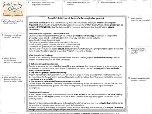 A-Level Religious Studies existence of God Gaunilo Guided Reading