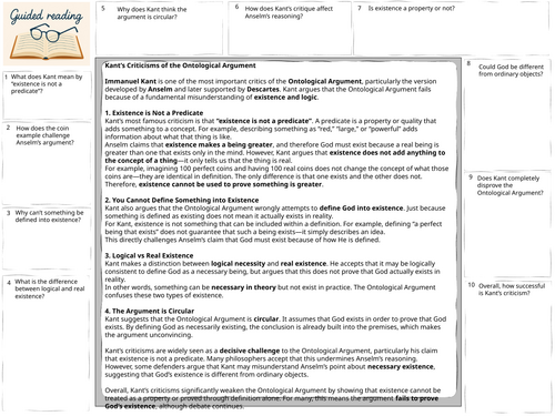 A-Level Religious Studies existence of God Kant's criticisms Guided reading