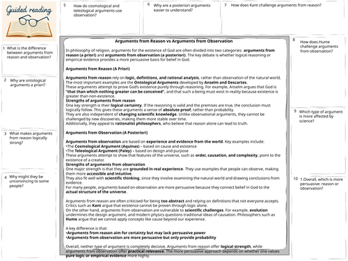 A-Level Religious Studies existence of God Arguments from reason versus observation guided reading