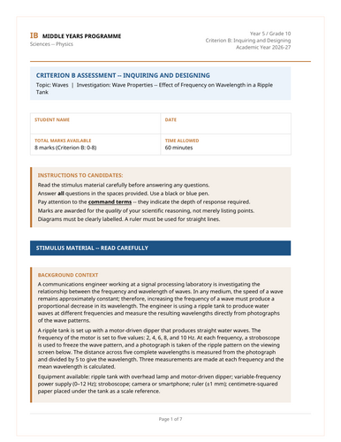 MYP Grade 10 Physics: 3 Criterion B Assessment Tasks - Waves - 2026 ...