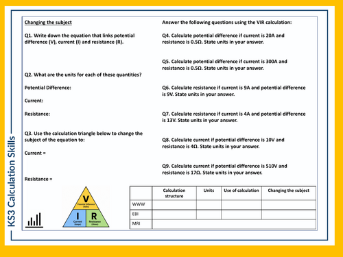 KS3 Science Skills Task - VIR Calculations & Changing the Subject