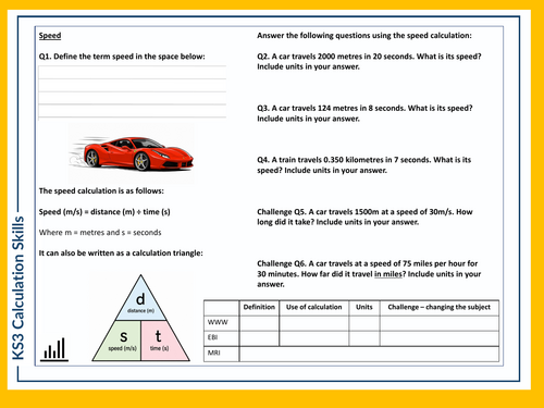 KS3 Science Skills Task - Speed Calculations