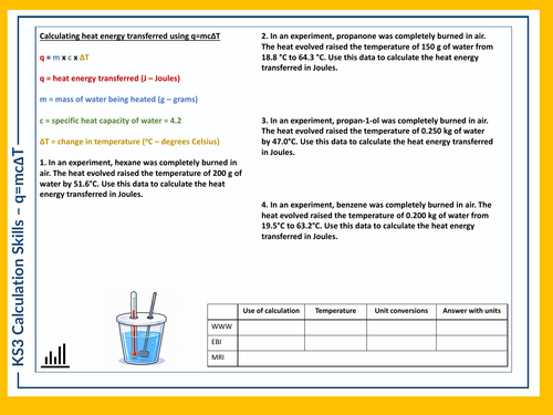 KS3 Science Skills Task - q=mcT Calculations