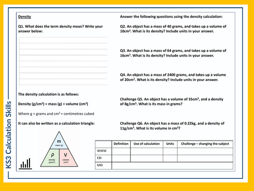 KS3 Science Skills Task - Density Calculations