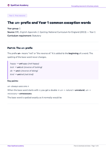 The un- prefix and Year 1 common exception words | Teaching Resources