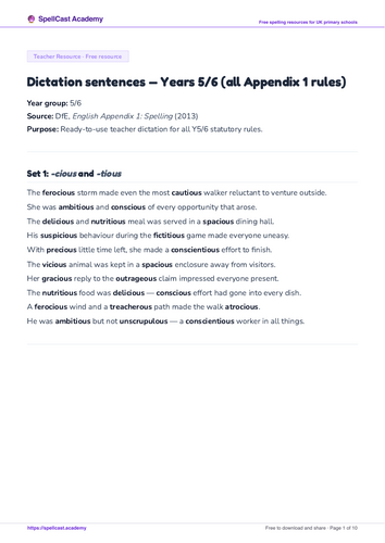 Dictation sentences — Years 5/6 (all Appendix 1 rules) | Teaching Resources