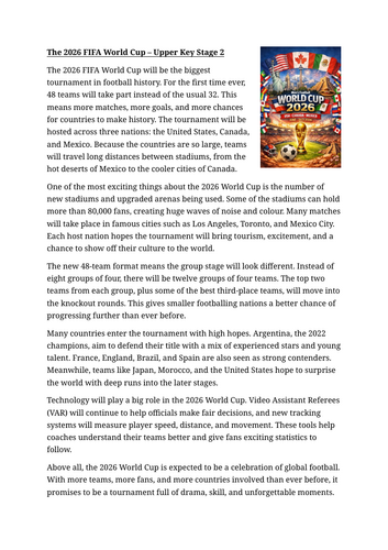 FIFA World Cup 2026 Reading Comprehension KS1, LKS2 and UKS2 | Teaching ...