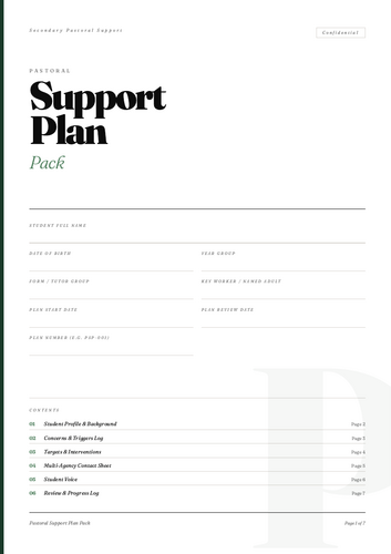Pastoral Support Plan Pack | 7 Pages | Secondary School | SEMH | SENCO ...