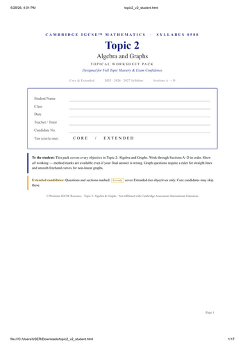 IGCSE Topic 2- Algebra and Graphs- Topical Questions | Printable ...