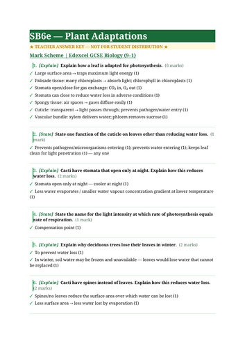 SB6e Plant Adaptations | Edexcel GCSE Biology Topic Mastery Pack