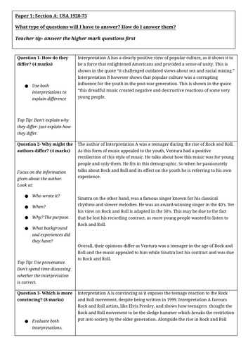 Exam Technique Help Sheet- AQA GCSE History Paper 1 USA | Teaching ...