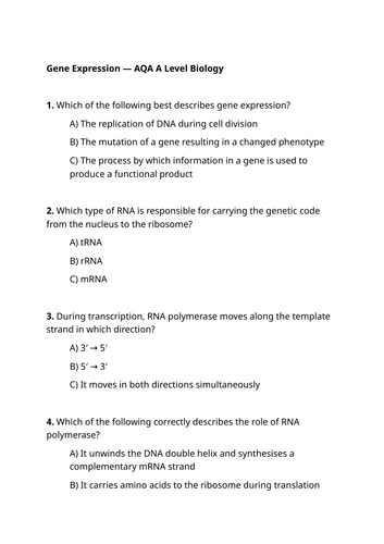 AQA A Level Biology Unit 8 Gene expression multiple choice questions ...