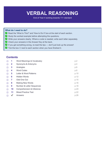 11+ Verbal Reasoning Booklet - End of Year 4 → Year 5 | Teaching Resources