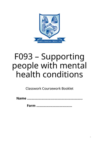 AAQ Health and Social Care F093 Mental Health Coursework Booklet