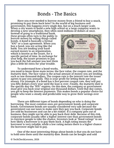 Financial Literacy: Bonds - The Basics | Reading Passage & Activity ...