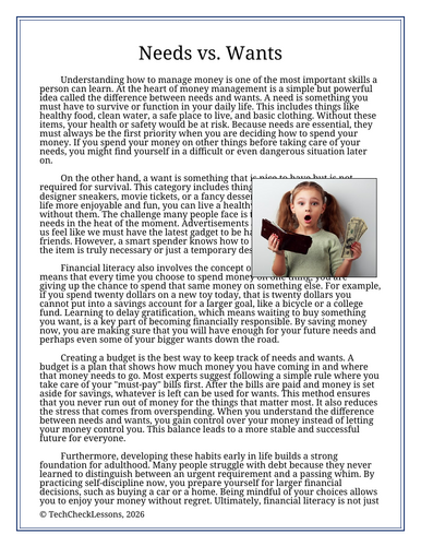 Financial Literacy: Needs vs. Wants - Reading Passage & Activity ...