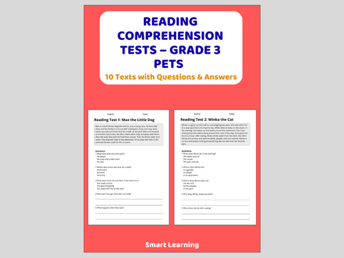 Pets Reading Comprehension 91����ts | Grade 3 Reading Assessments