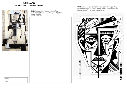 Art and Design - Cover Worksheet/Skills Recall. Cubism and Music theme ...