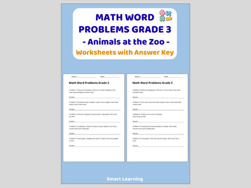 Math Word Problems for 3rd Grade – Zoo Animals (30 Problems and Solutions)