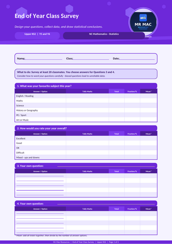 End of Year Class Survey - Maths Statistics - Upper KS2 - Year 5 and ...