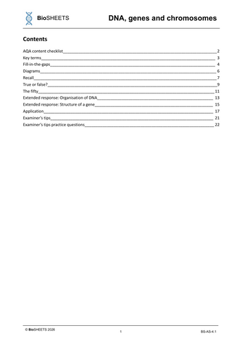 [Free] AQA A-Level Biology: 4.1 DNA, genes, chromosomes – BioSHEETS ...