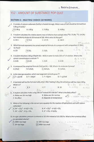 OCR A Chem Amount of substance Pop quiz