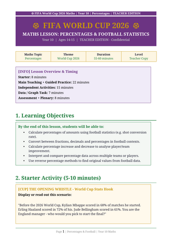 FIFA World Cup 2026 — Year 10 Maths: Percentages | Complete Lesson Pack ...